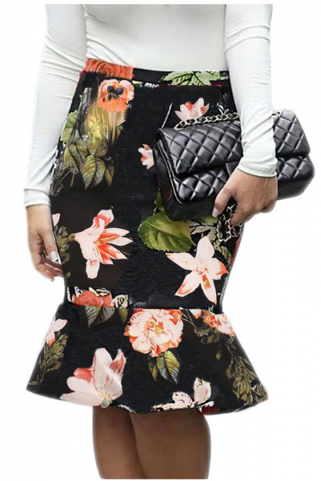2017 Fashion Sexy Lotus Leaf Tail Printed Bodycon Skirts