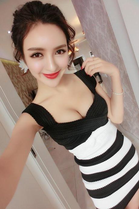 Sexy Low Cut Thin Tight Color Matching Stripe Bodycon Dress
