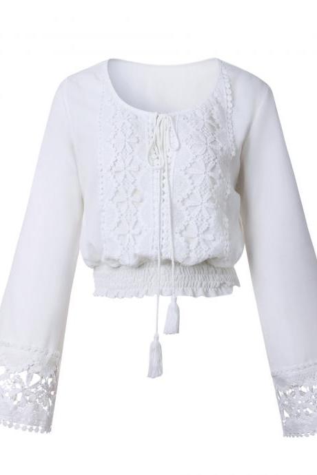 White Crochet Lace Plunge V Long Flare-sleeved Cropped Top Featuring Tassel Detailing