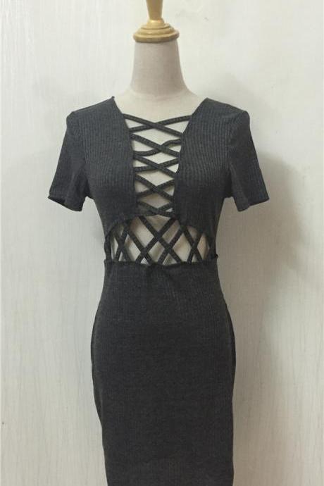 Pure Color Sexy Hollow Out Cross Strap Bodycon Dress