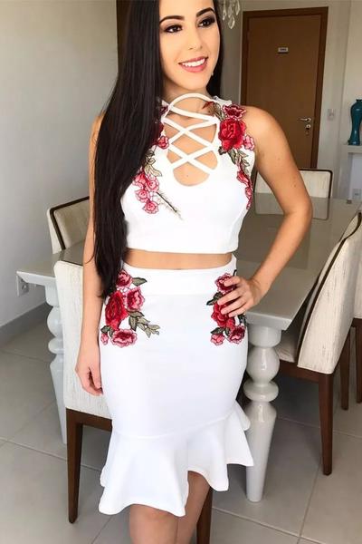 Hollow Out V-neck Flower Print Bodycon Mermaid Short Skirt Two Pieces Dress