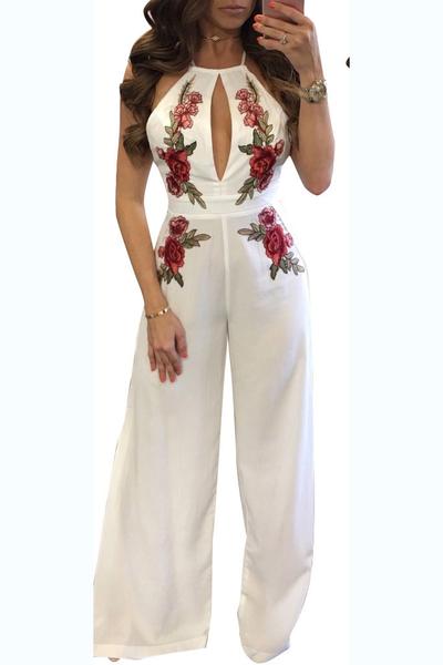 Flower Embroidery Print Scoop Backless Long Jumpsuit