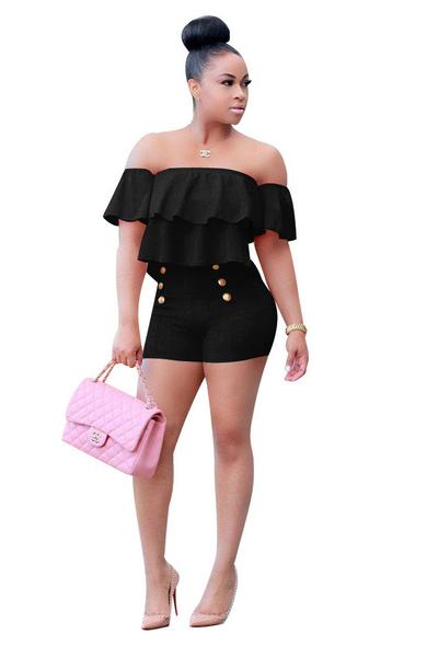 Pure Color Ruffles Strapless Short Sleeves Short Jumpsuit