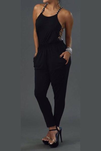 Pure Color Hollow Spike Drill Spaghetti Straps Long Backless Jumpsuit