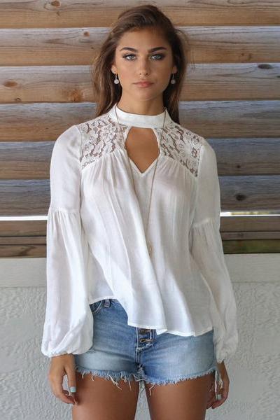 High Neck Cut Out Lace Patchwork Long Sleeves Blouse