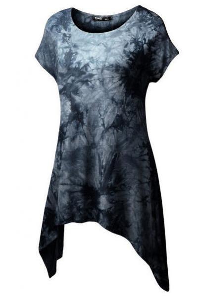 Scoop Print Short Asymmetric Sleeves T-shirt