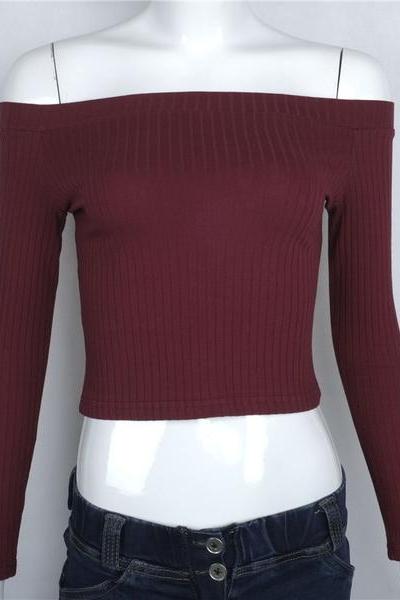 Ribbed Knit Off-The-Shoulder Long Sleeves Crop Top