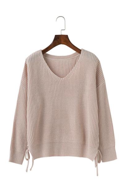 Knitted Plunge V Long Sleeves Sweater Featuring Lace-up Sides