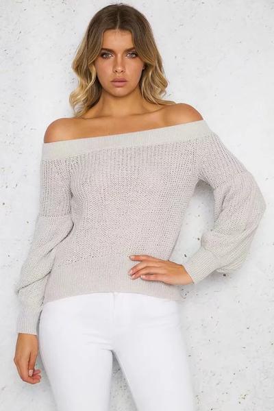 Off Shoulder Pure Color Long Puff Sleeves Sweater