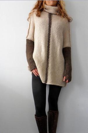 Long Sleeves Patchwork High Neck Long Pullover Sweater