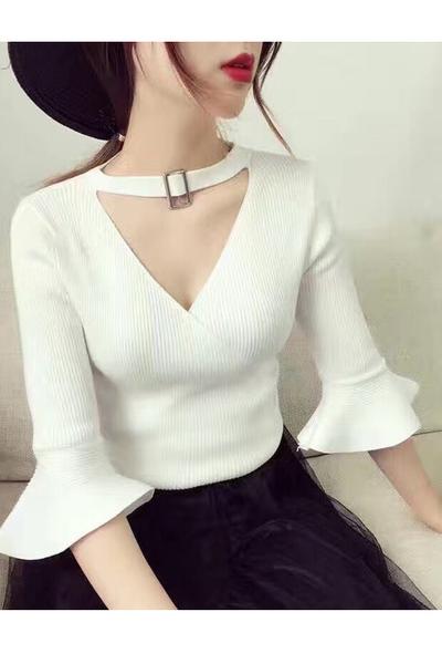 Pure Color Cut Out Half Trumpet Sleeves V-neck Regular Sweater