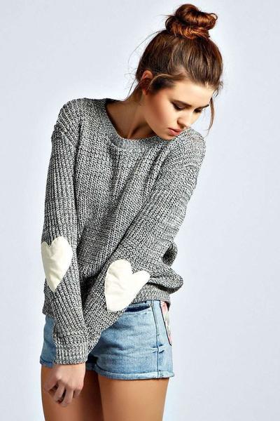 Print Long Sleeves Heart Applique Scoop Regular Sweater