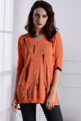 Cut Out Half Sleeves Pure Color Loose Long Sweater