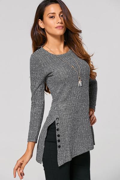 Button Split Irregular Long Sleeves Pullover Sweater