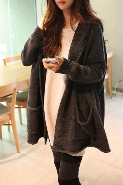 Pure Color Long Sleeves V-neck Long Hooded Cardigan