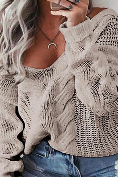 Pure Color Long Sleeves Large V-neck Cabel Sweater