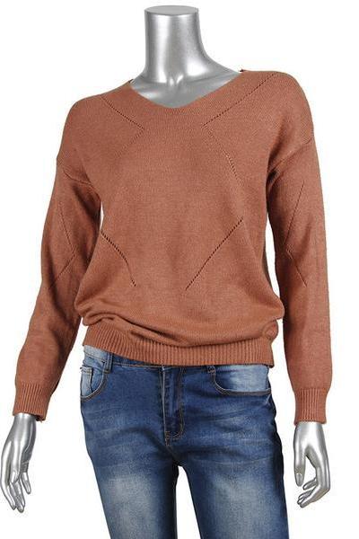 V-neck Long Sleeves Pure Color Regular Sweater