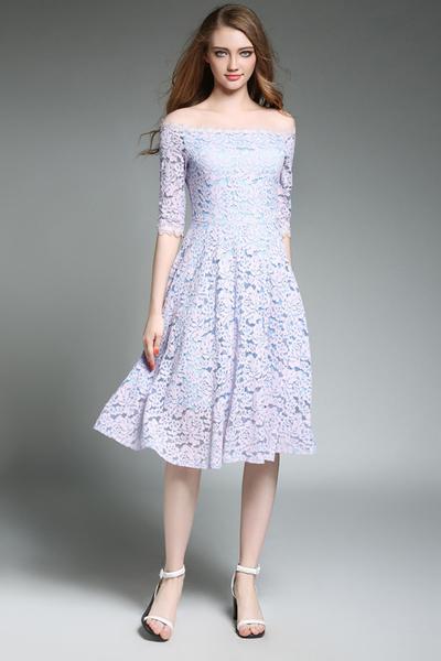 Off Shoulder A-line Pure Color Open Back Lace Tee-length Dress