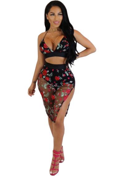 Floral Backless Spaghetti Straps Vest with Split Skirt Two Pieces Dress Set