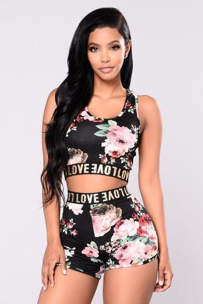 Flower Print Letter Tank Top with Skinny Shorts Two Pieces Set