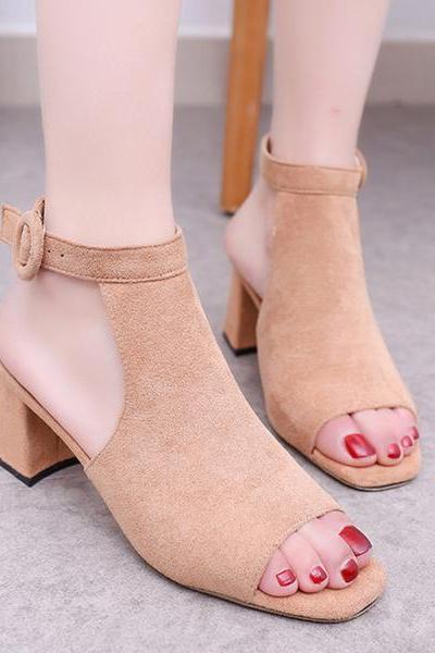 Suede Chunky Heel Peep-toe Ankle Strap Summer Sandals