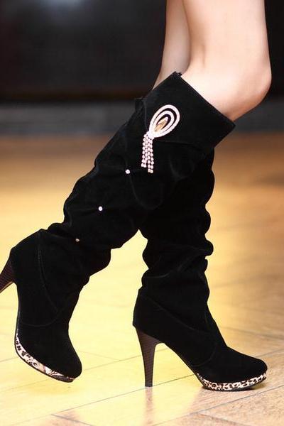 PU Stiletto Heel Pointed Toe High Heel Knee-length Boots
