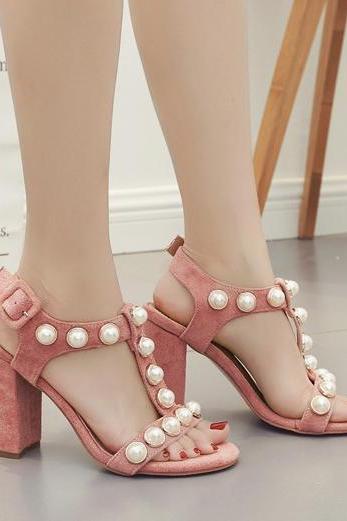 Suede Peep-toe Chunky Heel Beads Ankle Strap Sandals