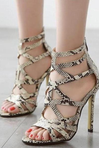 Snake Print Stiletto Heel Ankle Strap Peep-toe Summer Sandals