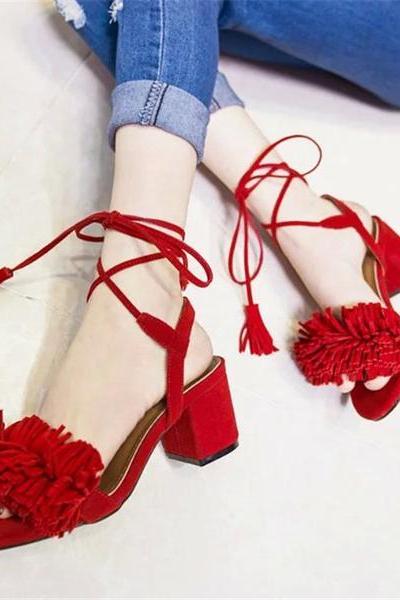 Tassles Suede Chunky Heel Peep-toe Lace Up Ankle Strap Sandals