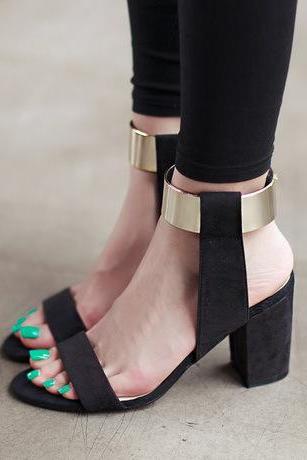 Metal Decorate Chunky Heel Peep-toe Summer Pu Ankle Strap Sandals
