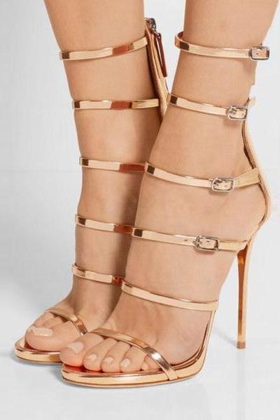 Metallic Open-toe High Heel Sandals With Strappy Detailing