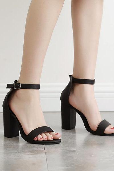 Chunky Heel Open Toe Leather Ankle Strap Sandals