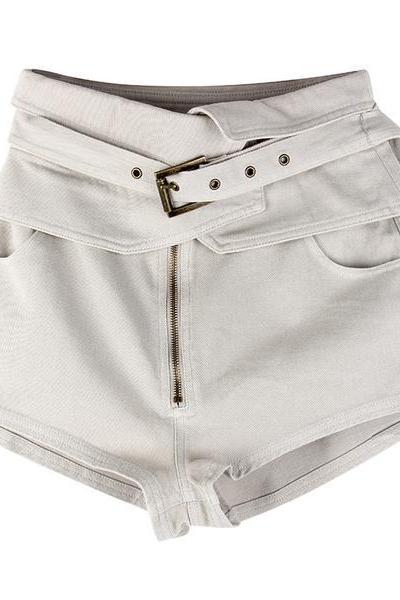 Pure Color High Waist Belt Slim Zipper Shorts