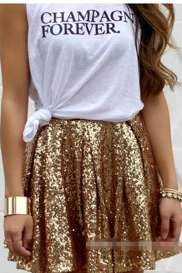 Shinning Golden Sequins Pleated Loose Short Skirt