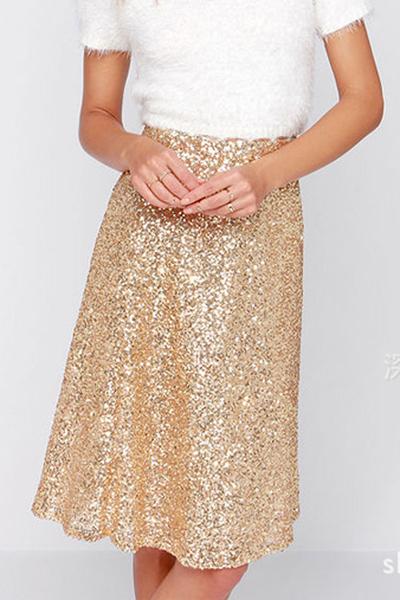 Pure Color Golden Sequins Slim Short Skirt
