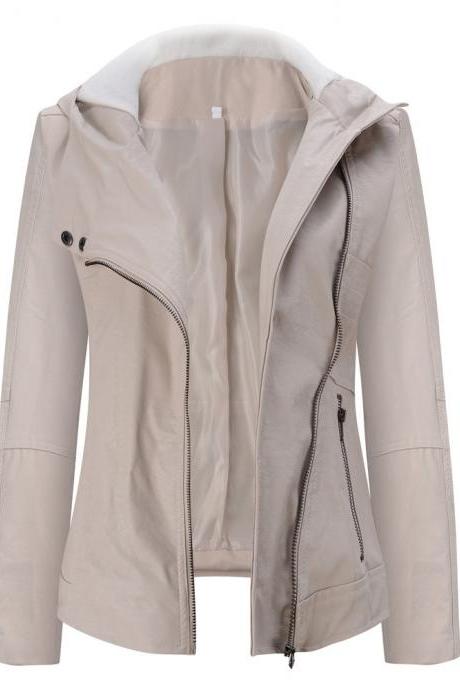 Fashion Hooded Long-sleeved Pure Color Women&amp;amp;#039;s Leather Jacket