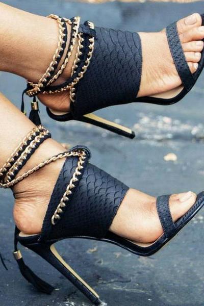 Open-toe Embossed Gold Chain Ankle Strap Stiletto High Heels
