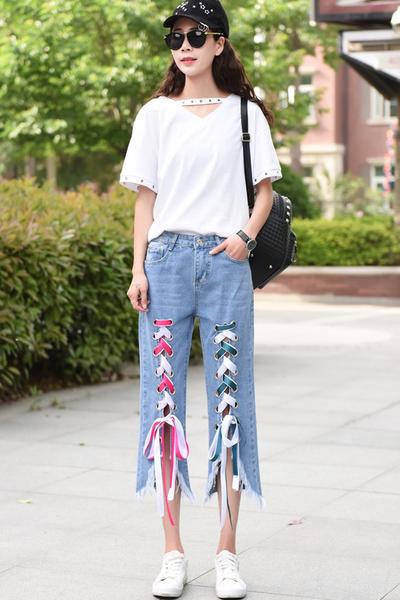 Color Straps Lace Up Rough Edge Irregular 3/4 Length Jeans