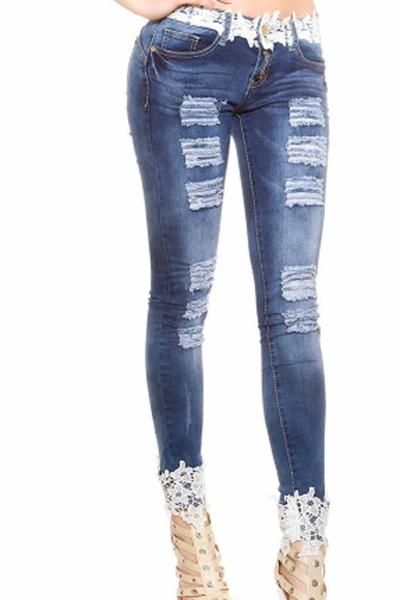 Lace Patchwork Rough Hollow Out Long Skinny Jeans Pants