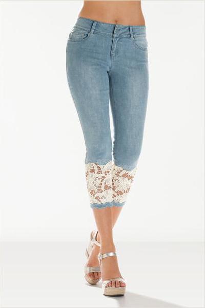 Solid Color With Lace Patchwork 3/4 Length Jeans Denim Pants