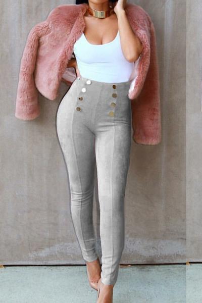 Buttons Decorate Suede Candy Color Long Skinny Pants