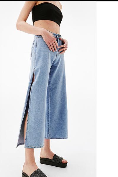Solid Color Middle Waist Loose Wide-Legs Split 3/4 Jeans