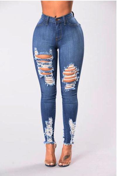 High Waist Pure Color Rough Holes Long Skinny Jeans