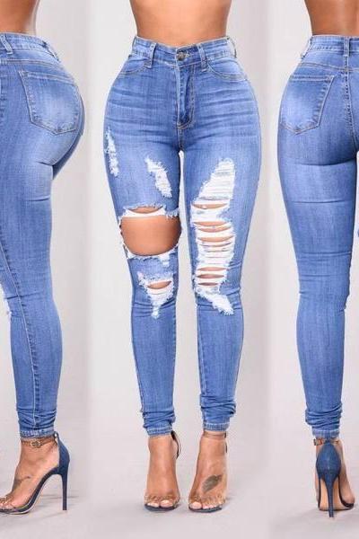 Solid Color High Waist Cut Out Holes Long Skinny Pants Jeans