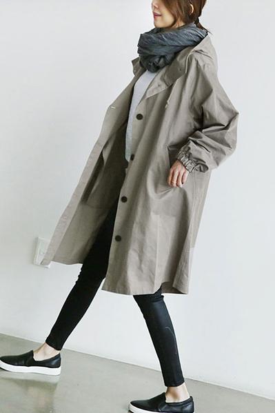 Solid Color Button Loose Long Hooded Coat