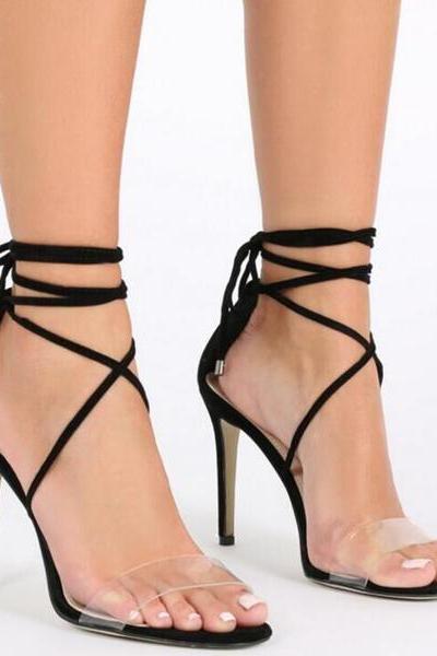 Ankle Straps Wraps Transparent Open Toe Stiletto Heels High Sandals