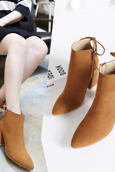 Faux Suede Pointed-toe Chunky Heel Ankle Boots Featuring Side Zipper