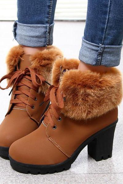Lace-up Chunky High Heel Ankle Boots With Thick Faux Fur