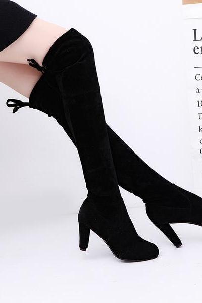 Faux Suede Rounded Toe Chunky Heel Over-the-knee Boots