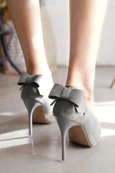 Faux Suede Pointed-toe High Heel Stilettos Featuring Bow Accent Back